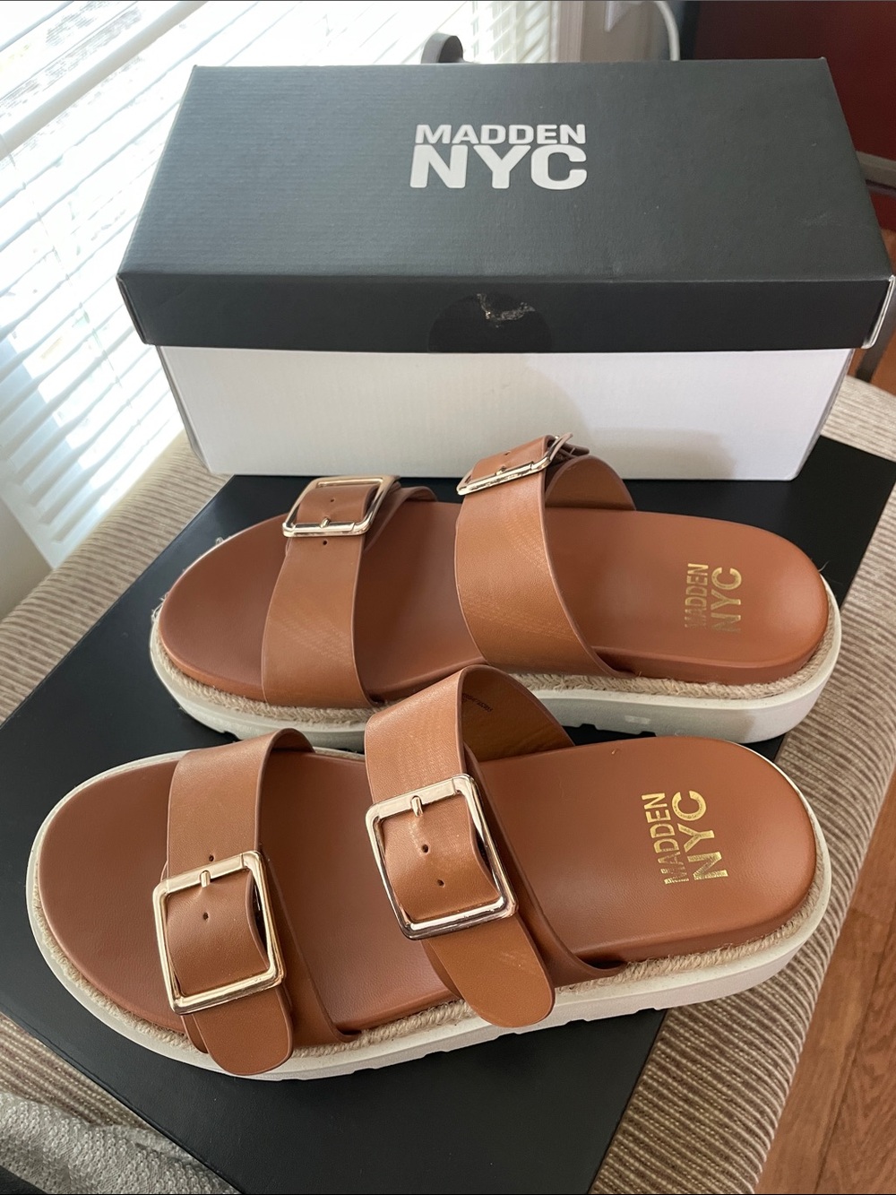 Madden NYC Women's Tan Double-Buckle Slide Sandals